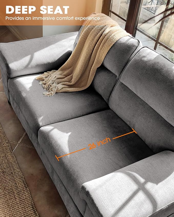 88.97" L Shaped Sectional Couches for Living Room, Deep Seat Sofa with Storage Ottoman & 8”Cushion, Comfy 2-Seater Chenille Loveseat, Convertible Armrest, Removable Cover for Small Space(Light Gray)