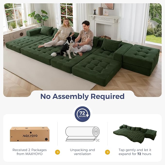 MAXYOYO Modular Sectional Sofa Couch, Foldable U Shaped Cloud Couch with Pillows, Tufted 6-Seat Boneless Sofa Lounger for Living Room, No Assembly Required, Dark Green