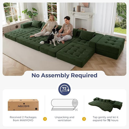 MAXYOYO Modular Sectional Sofa Couch, Foldable U Shaped Cloud Couch with Pillows, Tufted 6-Seat Boneless Sofa Lounger for Living Room, No Assembly Required, Dark Green