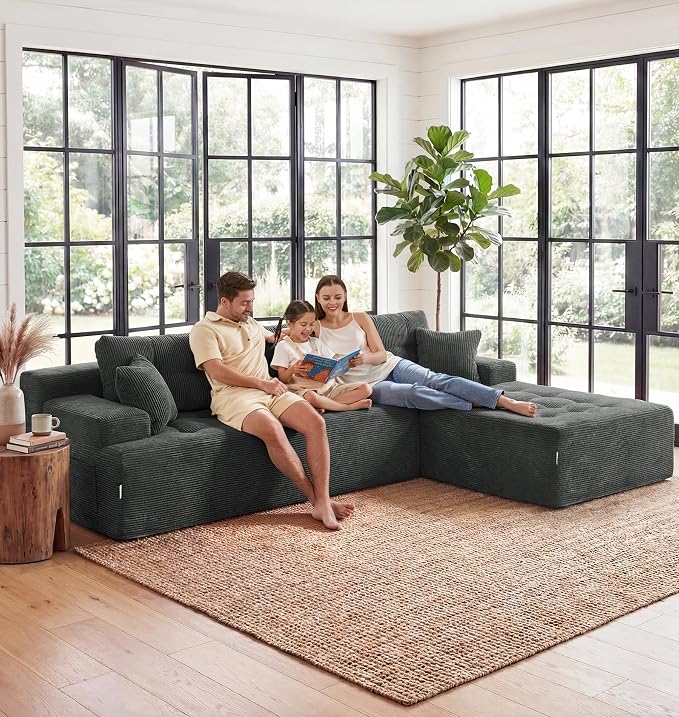 Hobestluk Modular Sectional Sofa Couches L-Shape Couch 3 Seat Modular Sofa Memory Foam Sectional Couches for Living Room, Cloud Couch (Charcoal Corduroy, 108", Right Hand Facing)