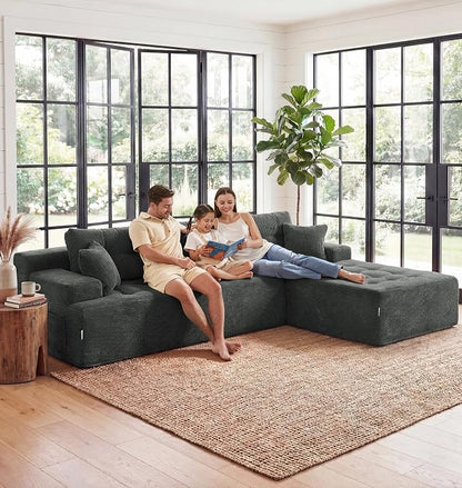 Hobestluk Modular Sectional Sofa Couches L-Shape Couch 3 Seat Modular Sofa Memory Foam Sectional Couches for Living Room, Cloud Couch (Charcoal Corduroy, 108", Right Hand Facing)