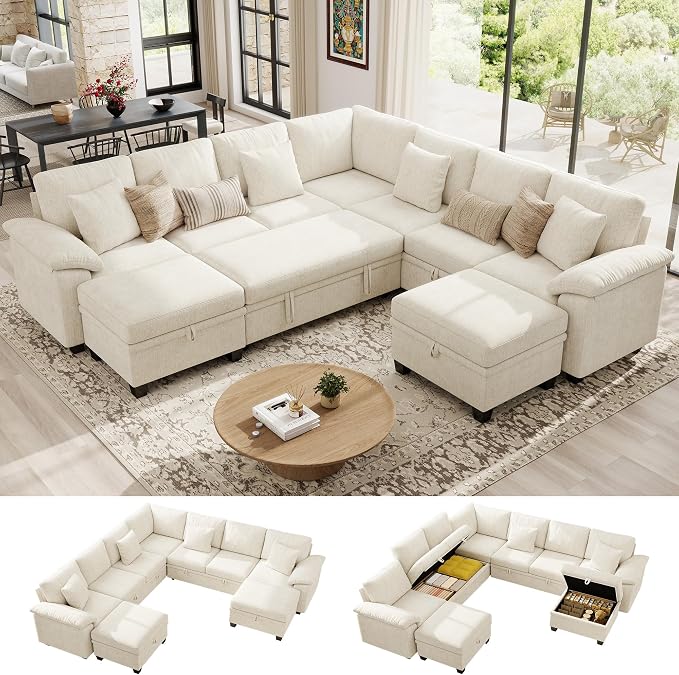 Ihanherry 108" Modular Sectional Sofa with Pull Out Bed, 9-Seater U Shaped Sectional Sleeper Couch with Storage, Chenille Convertible Couches for Living Room, Apartment (Beige)
