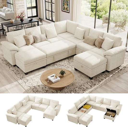 Ihanherry 108" Modular Sectional Sofa with Pull Out Bed, 9-Seater U Shaped Sectional Sleeper Couch with Storage, Chenille Convertible Couches for Living Room, Apartment (Beige)