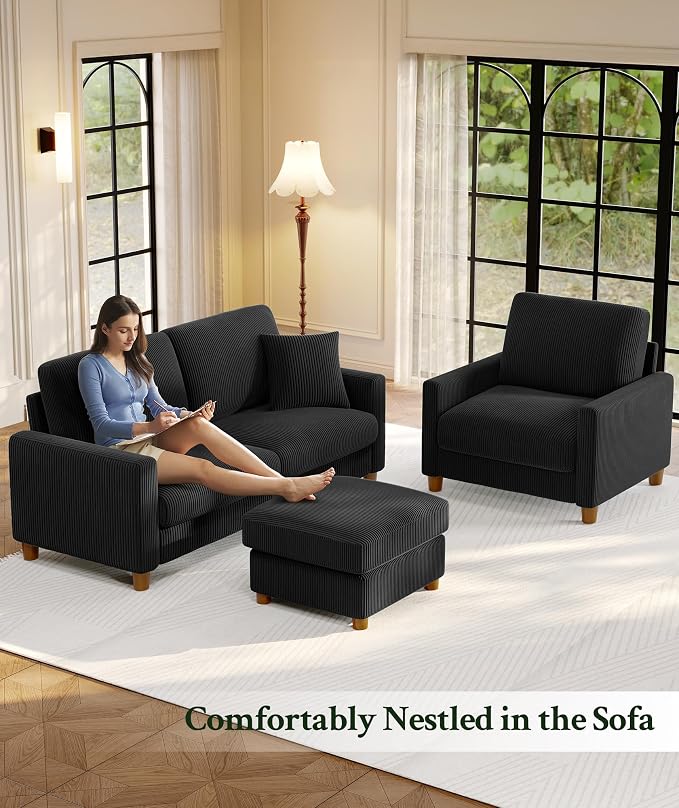 Welzona 70.2" Couches for Living Room, Comfy Sofa Set Tool-Free Setup, Corduroy Couch Set 7.1" Thicker Cushion, Accent Chair with Ottoman 848lbs Support, Sofas for Living Room Home Office, Black