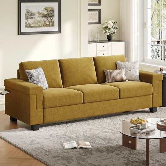 COPIAE 3 Seater Sofa Couch with Deep Seat, 90" Modern Upholstered Sofa with Armrests, Easy Installation, Comfy Couches for Living Room, Apartment, Yellow