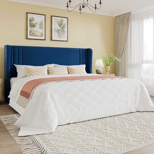 SHA CERLIN King Size Velvet Upholstered Platform Bed Frame with Vertical Channel Tufted Wingback Headboard, Wooden Slats Support, Easy Assembly, Under Bed Storage, No Box Spring Required, Blue