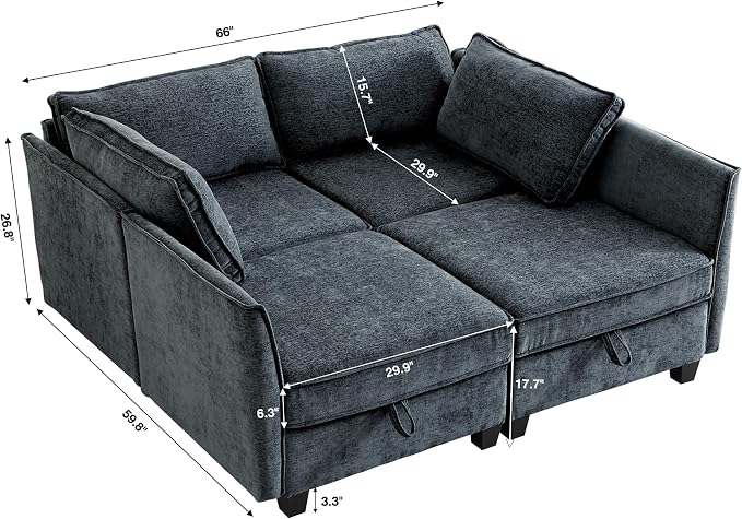 ORRD Sleeper Modular Sectional Sofa Set, Convertible Couch Bed with Storage, 4 Seater and 4 Armrestes Sofa Modular for Living Room, Office (Blue Grey)