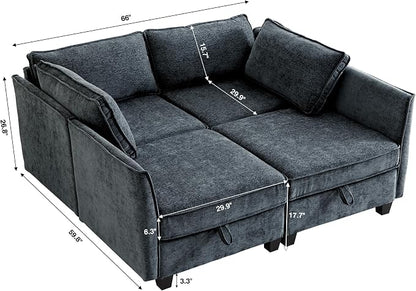 ORRD Sleeper Modular Sectional Sofa Set, Convertible Couch Bed with Storage, 4 Seater and 4 Armrestes Sofa Modular for Living Room, Office (Blue Grey)