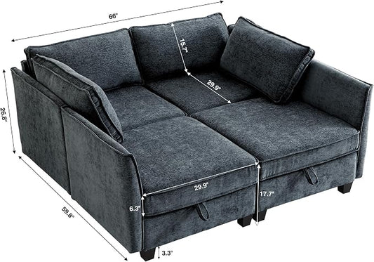 ORRD Sleeper Modular Sectional Sofa Set, Convertible Couch Bed with Storage, 4 Seater and 4 Armrestes Sofa Modular for Living Room, Office (Blue Grey)