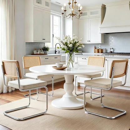 Zesthouse Natural Rattan Dining Chairs Set of 6, Mid Century Cane Dining Room Chairs with Solid Wood Back & Chrome Base for Kitchen, Breuer Design Inspired, Upholstered Linen Fabric, Beige