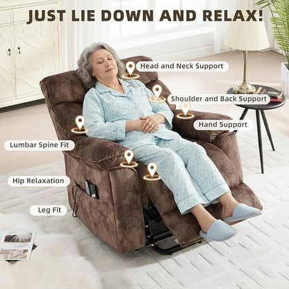 CANMOV Power Lift Recliner Chair for Elderly with Vibration Massage and Lumbar Heating, Overstuffed Electric Lift Chair with Side Pocket and 2 Cup Holders for Living Room, Brown