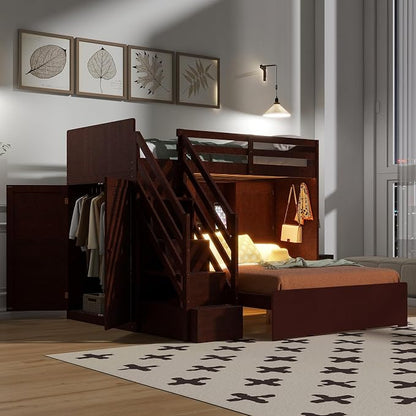 RUNNA Twin Over Full Bunk Bed with Storage Stairs, USB, Light Espresso | Twin over full bunk bed with storage stairs,USB charging station,light,solid wood,guardrails,no box spring needed Espresso