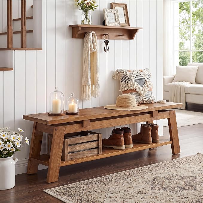 Solid Wood Bench, 55" Farmhouse Entryway Bench with Shoe Storage | End of Bed Bench Shoe Bench Seat for Entrance Hallway Bedroom Living Room, 350 lb Capacity, Scratch Resistant, Natural Brown