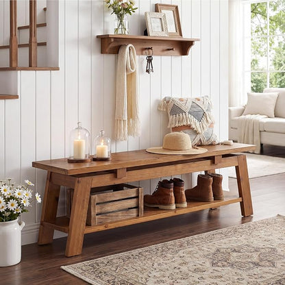 Solid Wood Bench, 55" Farmhouse Entryway Bench with Shoe Storage | End of Bed Bench Shoe Bench Seat for Entrance Hallway Bedroom Living Room, 350 lb Capacity, Scratch Resistant, Natural Brown