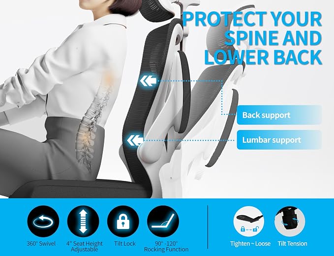 Ergonomic Office Chair - Mesh Desk Chair with Adjustable Lumbar Support High Back Computer Gaming Chairs - Big and Tall Office Chairs Adults, Comfortable for Long Hours, White Black