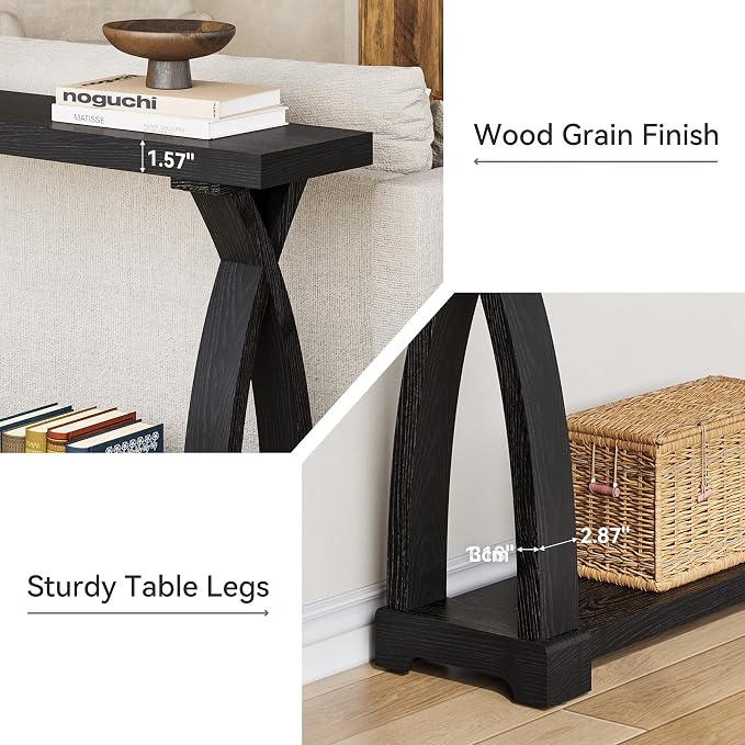 Solid Wood Console Table for Entryway, 63-Inch Narrow Farmhouse Couch Table Behind Sofa with 2-Tier Storage for Entrance, Foyer, Living Room, Long, Black (Black)