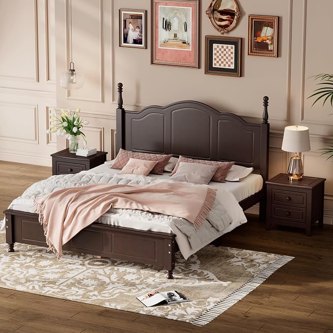 Harper & Bright Designs Bedroom Set Furniture, 3-Pieces Bedroom Sets, Queen Size Wood Platform Bed and 2 Nightstands, Dark Walnut