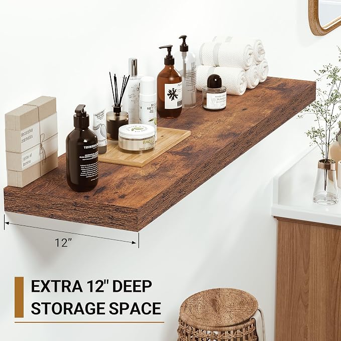 Vivelove 12 Inch Deep Floating Shelves for Wall, 24x12 Long Wall Shelves with Invisible Brackets, for Living Room Bedroom Bathroom, Farmhouse Rustic Shelves Home Decor, Set of 2, Rustic Brown