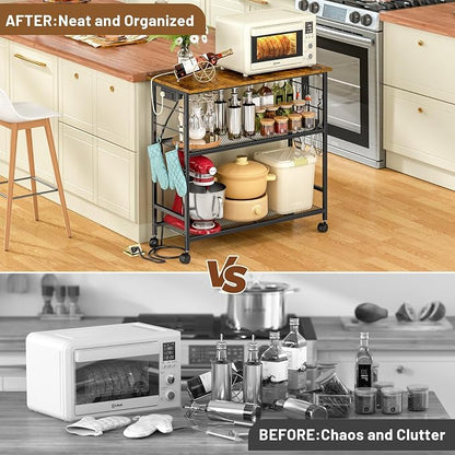 3 Tier Rolling Kitchen Microwave Cart with Power Outlet, 33 Inch Microwave Table Stand with Adjustable Shelf, Kitchen Storage Island Utility Cart Bakers Rack Coffee Bar for Living Room, Office