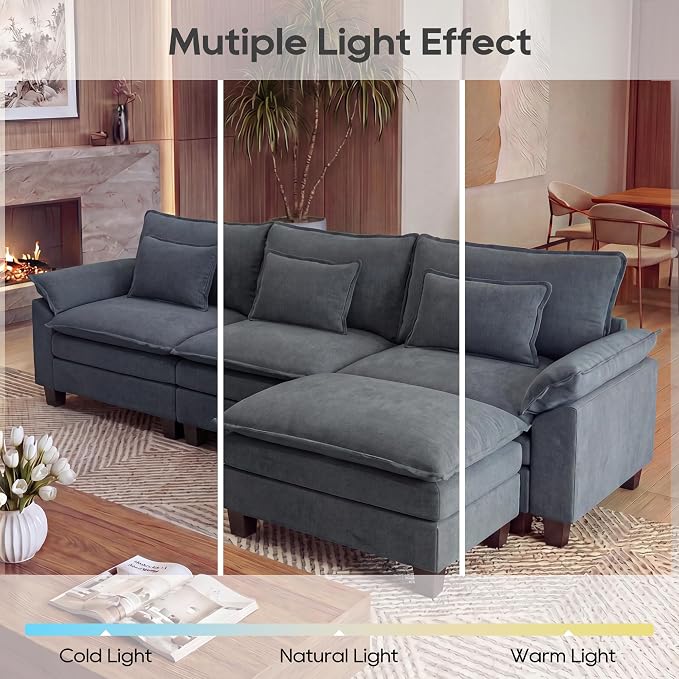 URRED Oversized Modular Sectional Sofa, 122" L Shaped Modern Comfy Cloud Couch with Movable Ottoman & Pillows, Deep Seat Couches for Living Room, Bedroom or Apartment (Velvet Grey, 122" L Shaped)