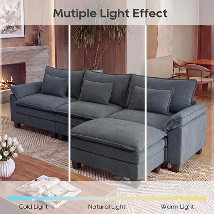 URRED Oversized Modular Sectional Sofa, 122" L Shaped Modern Comfy Cloud Couch with Movable Ottoman & Pillows, Deep Seat Couches for Living Room, Bedroom or Apartment (Velvet Grey, 122" L Shaped)
