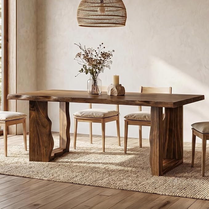 63" Live Edge Solid Wood Dining Table, Modern Rustic Kitchen Table with Sculptural Legs, 6-Person Rectangular Dinner Table for Dining Room, Kitchen,Natural Dark Brown Finish