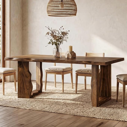 63" Live Edge Solid Wood Dining Table, Modern Rustic Kitchen Table with Sculptural Legs, 6-Person Rectangular Dinner Table for Dining Room, Kitchen,Natural Dark Brown Finish