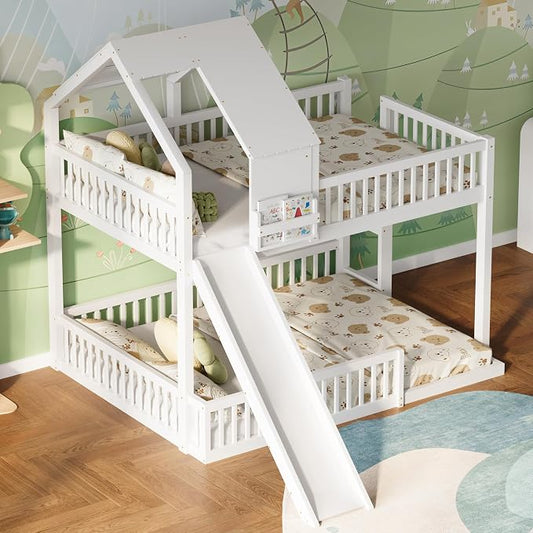 SOFTSEA House Bunk Bed with Slide, Full XL Over Queen Wood Floor Bunk Bed Frame with Roof, Guardrails and Ladder, Space-Saving, White