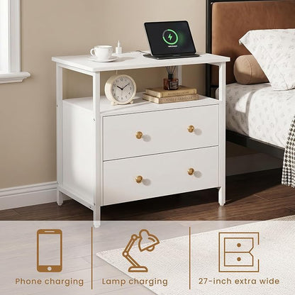 Edbuosy 27 inch Wide Night Stand with Charging Station, Bedside Table with Open Shelf, 2 Drawers Small Wood Dresser, Modern Wood Nightstand for Bedroom/Living Room, White
