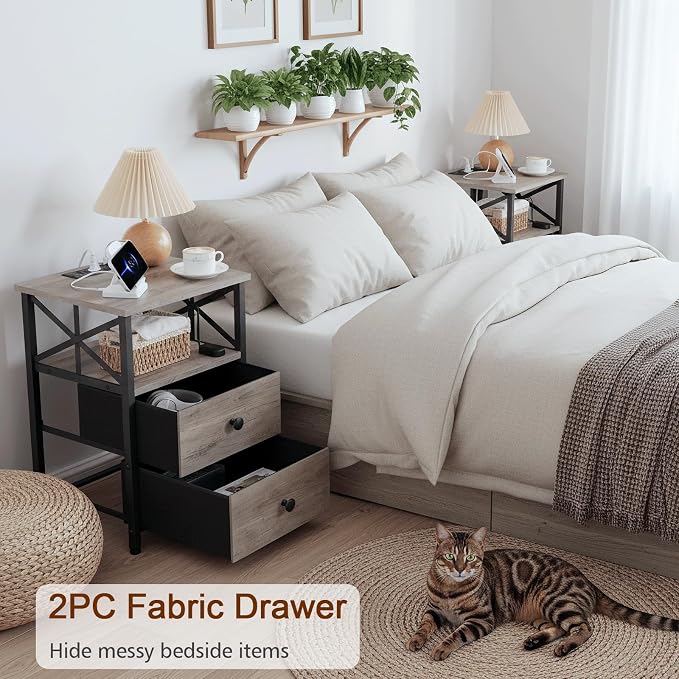 AMHANCIBLE Nightstands Set of 2 with Charging Station, LED Night Stand with 2 Storage Drawers, End Tables with USB Ports and Outlets, Modern Bedside Tables for Bedroom, Grey, HET052LGY