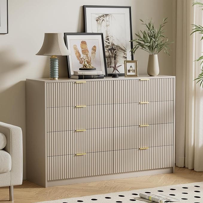 Furniway Beige Dresser for Bedroom, Modern Dresser with 8 Drawers and Smooth Slides, Wide Chest of Drawers with Golden Handles for Bedroom, Closet, 15.7" D x 55" W x 37.4" H