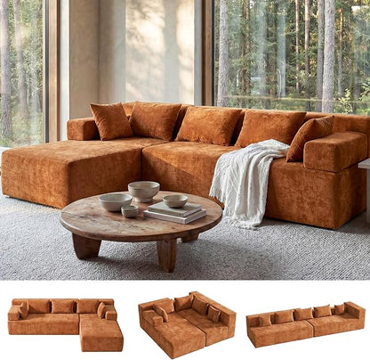 MONVANE 106" Cloud Sectional Couch with L-Shaped Chaise, Modular Sectional Sofa with Deep Seat and Removable Armrests, Comfy Chenille Boneless Couches for Living Room, No Assembly Required, Orange
