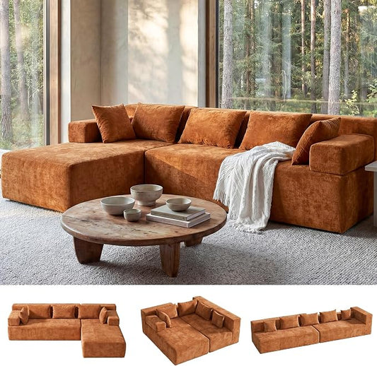 MONVANE 106" Cloud Sectional Couch with L-Shaped Chaise, Modular Sectional Sofa with Deep Seat and Removable Armrests, Comfy Chenille Boneless Couches for Living Room, No Assembly Required, Orange