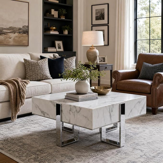 White and Silver Coffee Table, Modern Square Center Table with Faux Marble Tabletop and Mirrored Chrome Legs for Living Room Apartment Office