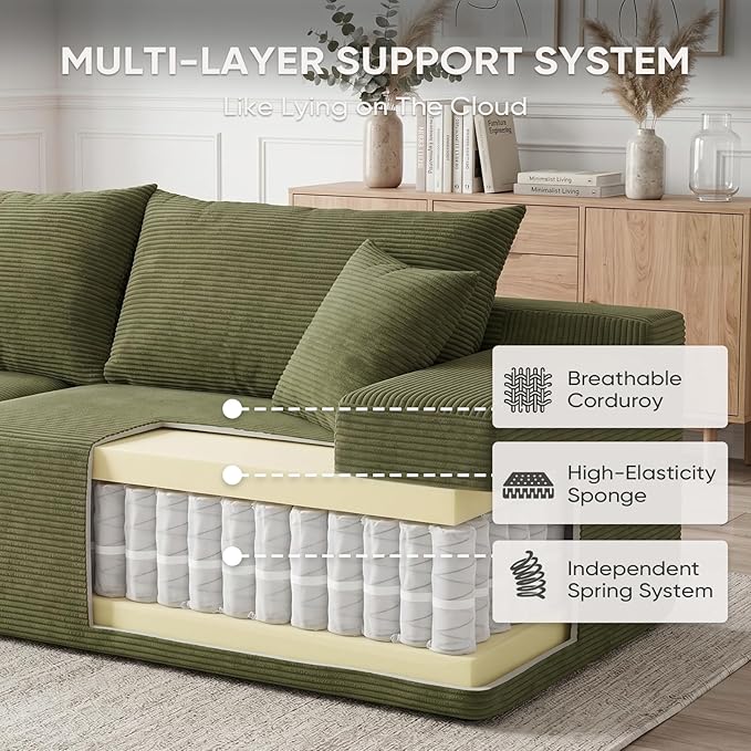 Boneless Couch, 102.4" Sectional Couches for Living Room with L Shape Sofa | Cloud Couch Sectional with Chaise, Modular Cloud Sofa with Deep Seat, No Assembly, Green, Corduroy, Left Chaise