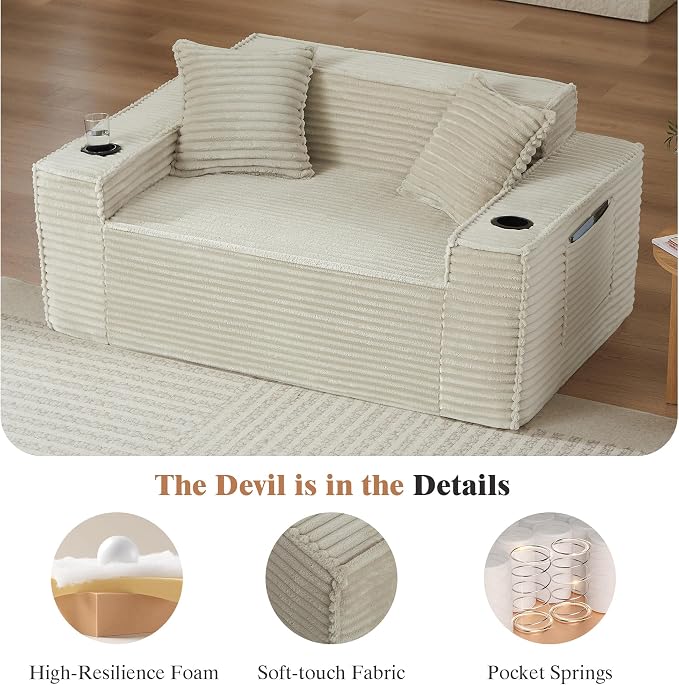 3 Pcs Living Room Cloud Sofa Set, Boneless Sofa Couch with Cup Holder and Side Pocket for Compact Living Rooms, Apartments (Camel, Single Chair + Loveseat+ 3 Seat Sofa)