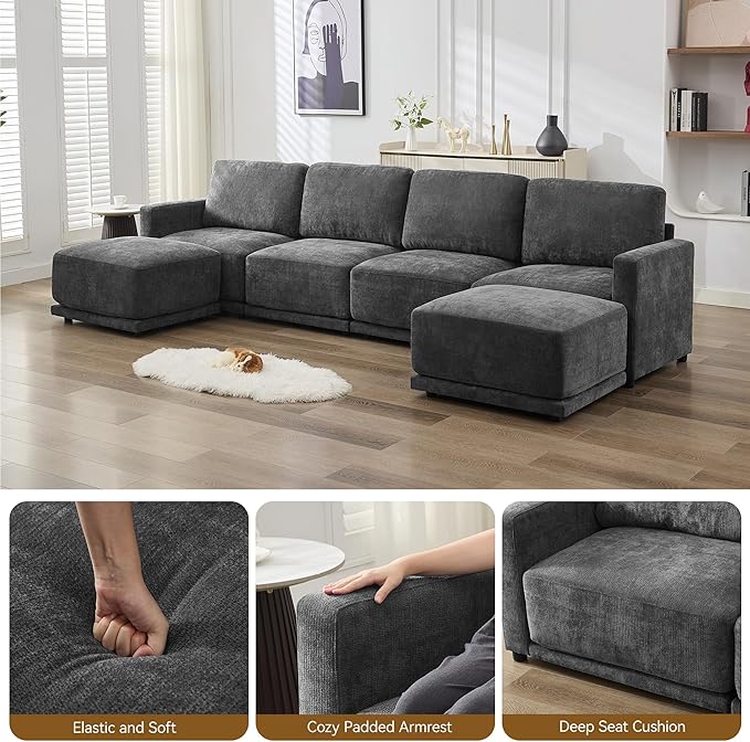 110.6" L Shaped Sectional Sofa, Modular Cloud Deep Seat Couch with Movable Ottoman, Oversized Thicked 4-Seats Sofas for Living Room, Chenille Grey