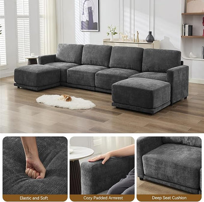 143.8" Modular Sectional Sofa Modern Chenille U Shaped Couch with Thickened Seat Cushions, Easy Assembly, Upholstered 6 Seater Couch with 2 Movable Ottomans for Living Room, Grey