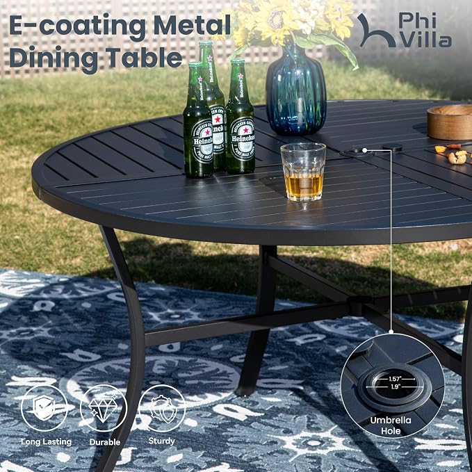 PHI VILLA 7 Piece Outdoor Patio Dining Set with 6 Swivel Dining Chairs & 1 Large Round Dining Table, Blue Textilene Mesh Fabric Chair and 54" Metal Table for All Weather