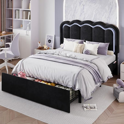 SHA CERLIN Upholstered Full Size Bed Frame with LED Lights and Large Storage Drawer, Velvet Platform Bed with Adjustable Wavy Headboard, Noise Free, Easy Assembly, No Box Spring Needed, Soft Black