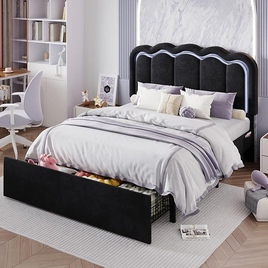 SHA CERLIN Upholstered Full Size Bed Frame with LED Lights and Large Storage Drawer, Velvet Platform Bed with Adjustable Wavy Headboard, Noise Free, Easy Assembly, No Box Spring Needed, Soft Black