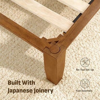 Softa Mikor King Japanese Joinery Bed Frame with Headboard, Solid Rubberwood, 1500 Lbs Heavy Duty Slats Support, SGS Certified, No-Tool Setup, Hidden Storage, USB-A/C Port, No Box Spring Needed