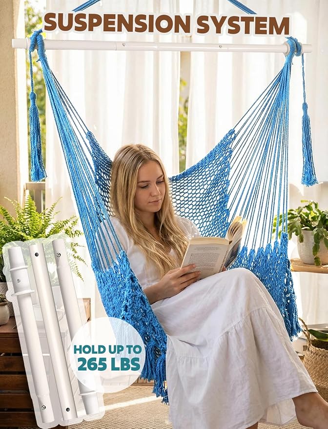 Chihee Hammock Chair Handmade Hanging Chair Cotton Rope Woven Hanging Seat Soft-Spun Large Stretch Hammock Swing, Collapsible Strong Metal Spreader Bar Elegant Macrame Comfort Indoor Outdoor Garden