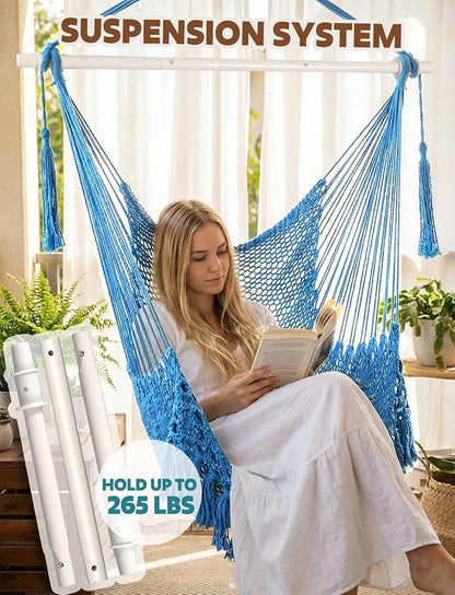 Chihee Hammock Chair Handmade Hanging Chair Cotton Rope Woven Hanging Seat Soft-Spun Large Stretch Hammock Swing, Collapsible Strong Metal Spreader Bar Elegant Macrame Comfort Indoor Outdoor Garden