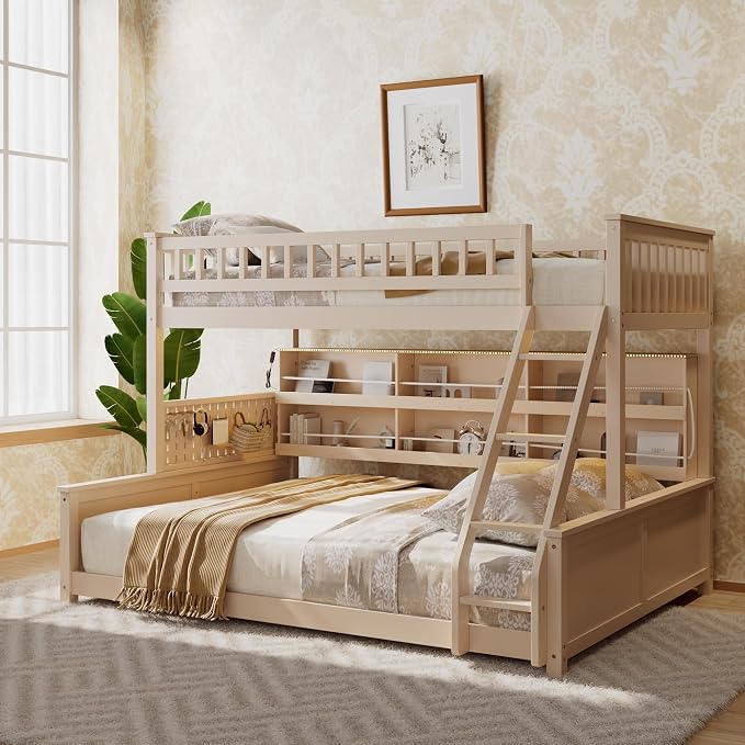 Merax Twin Over Queen Bunk Bed,Wood bunk Bed with LED,Bed with Integrated Shelving, Color-Changing Lights and Pegboard, Twin XL Over Queen, Beige