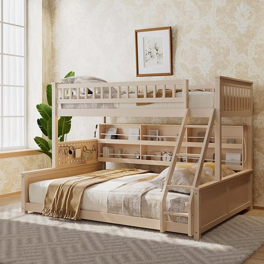 Merax Twin Over Queen Bunk Bed,Wood bunk Bed with LED,Bed with Integrated Shelving, Color-Changing Lights and Pegboard, Twin XL Over Queen, Beige
