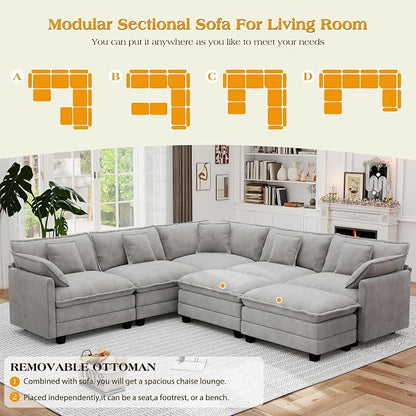 113.8" Modular Sectional Sofa,Cloud Couch for Living Room,Modern Deep Seat Sofa 5 Seater Chenille Fabric Comfy L Shaped Couches with Throw Pillows & Movable Ottoman for Apartment