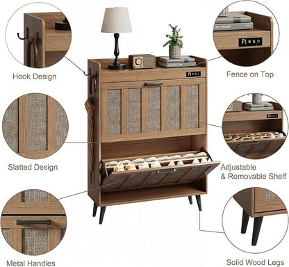 ChooChoo Shoe Storage Cabinet with 2 Flip Drawers, Deodorizing Shoe Organizer Storage for Entryway, Freestanding Hidden Slim Narrow Shoe Rack Cabinet, Rustic Oak