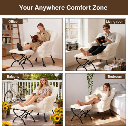 Welnow Lazy Chair with Ottoman, Modern Accent Chair with Armrests and a Side Pocket, Leisure Sofa Armchair, Reading Armchair with Footrest for Small Space, Plush Beige