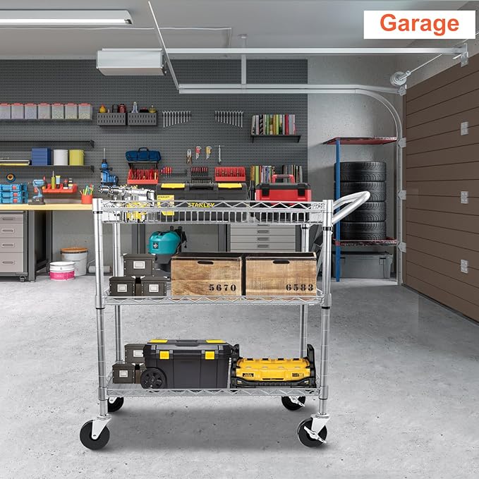 BolDuck Heavy Duty Utility Cart, 990Lbs Capacity 3 Tier Rolling Carts with Wheels, Kitchen Cart on Wheels with Storage, Commercial Grade Metal Serving Carts with Wire Shelving &Handle Bar, Silver